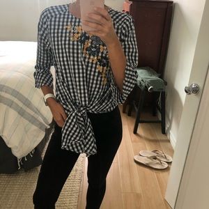 Embroidered tie blouse